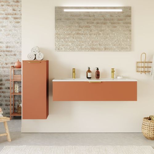 Meuble De Salle De Bain Double Vasque 120cm 1 Tiroir Terracotta - Venice