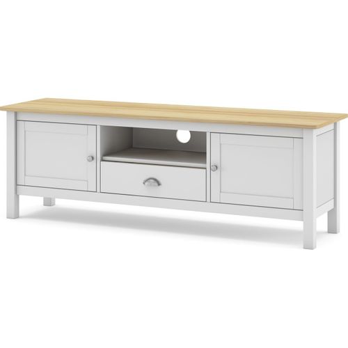 Meuble TV 2 Portes 1 Tiroir En Pin Massif Blanc / Effet Chêne 158 Cm - Macha