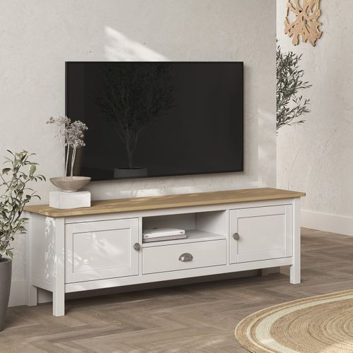 Meuble TV 2 Portes 1 Tiroir En Pin Massif Blanc / Effet Chêne 158 Cm - Macha