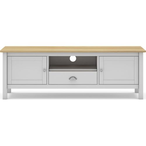 Meuble TV 2 Portes 1 Tiroir En Pin Massif Blanc / Effet Chêne 158 Cm - Macha