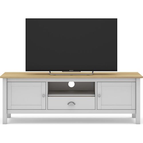 Meuble TV 2 Portes 1 Tiroir En Pin Massif Blanc / Effet Chêne 158 Cm - Macha