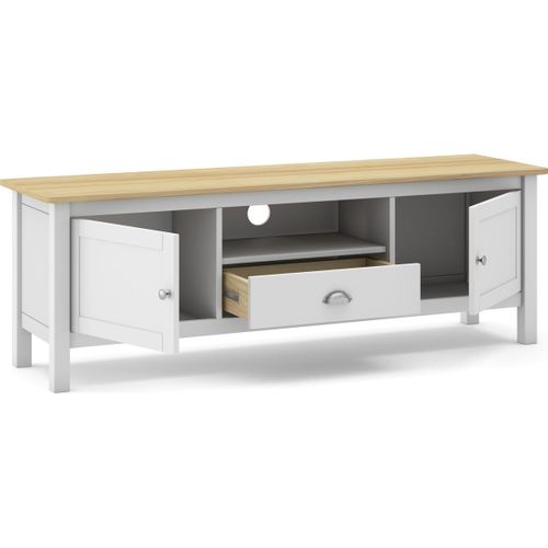 Meuble TV 2 Portes 1 Tiroir En Pin Massif Blanc / Effet Chêne 158 Cm - Macha