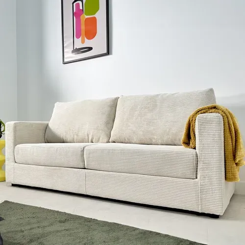 Canapé Convertible 3 Places En Velours Côtelé Beige - Ouverture Semi-express - Silvia