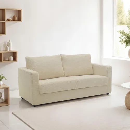 Canapé Convertible 3 Places En Velours Côtelé Beige - Ouverture Semi-express - Silvia