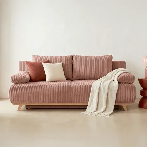 Canapé Convertible 3 Places Avec Coffre De Rangement En Velours Côtelé Rose Pâle - Laria New