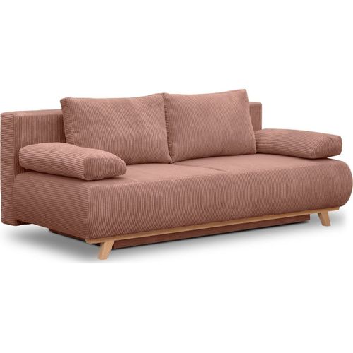 Canapé Convertible 3 Places Avec Coffre De Rangement En Velours Côtelé Rose Pâle - Laria New