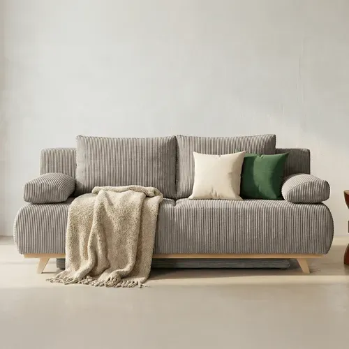 Canapé Convertible 3 Places Avec Coffre De Rangement En Velours Côtelé Taupe - Laria New