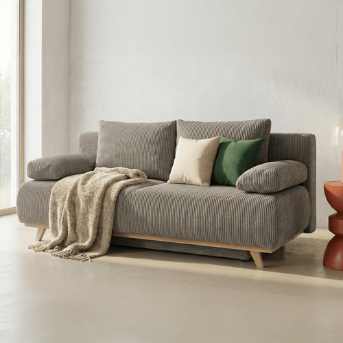 Canapé Convertible 3 Places Avec Coffre De Rangement En Velours Côtelé Taupe - Laria New
