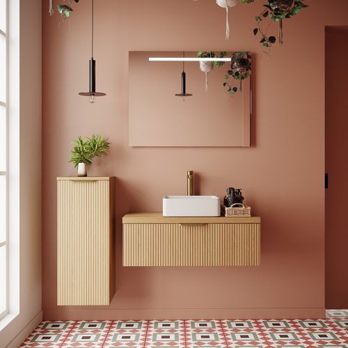 Meuble De Salle De Bain Vasque Posée 90cm 1 Tiroir Cannelé - Venice