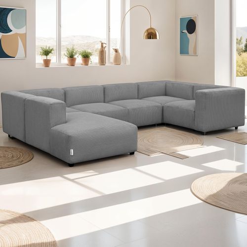 Canapé Modulable Panoramique 9 Places Ouvert à Gauche En Velours Côtelé Gris Clair - Modulo