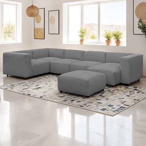 Canapé Modulable Panoramique 6 Places, Méridienne à Droite + Pouf En Velours Côtelé Gris - Modulo