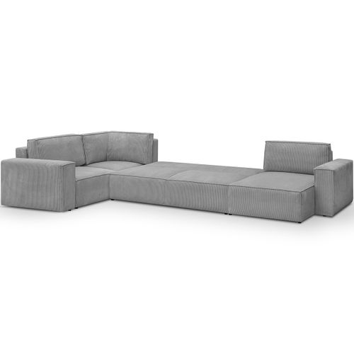 Canapé D'angle à Gauche Panoramique Convertible 8 Pl En Velours Côtelé Gris Clair - Harper Mod
