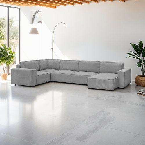 Canapé D'angle à Gauche Panoramique Convertible 8 Pl En Velours Côtelé Gris Clair - Harper Mod