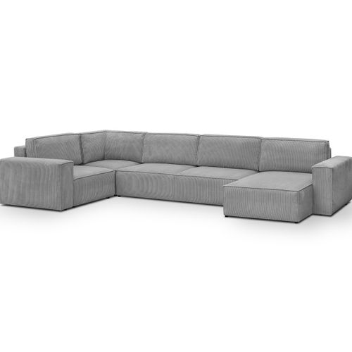 Canapé D'angle à Gauche Panoramique Convertible 8 Pl En Velours Côtelé Gris Clair - Harper Mod