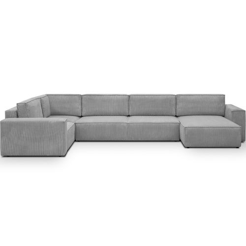 Canapé D'angle à Gauche Panoramique Convertible 8 Pl En Velours Côtelé Gris Clair - Harper Mod