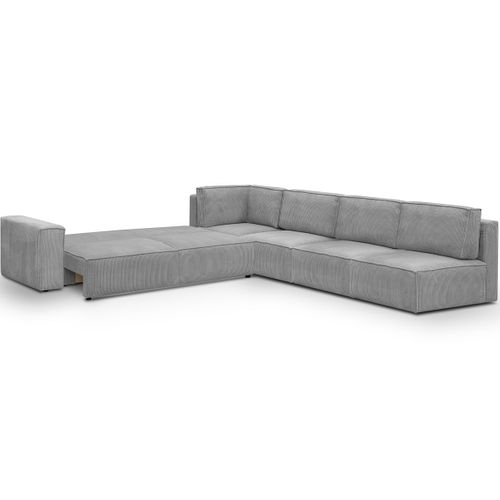 Canapé D'angle à Droite Convertible 10 Pl Avec Coffre En Velours Côtelé Gris Clair - Harper Mod