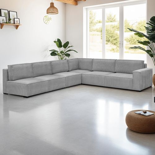 Canapé D'angle à Droite Convertible 10 Pl Avec Coffre En Velours Côtelé Gris Clair - Harper Mod