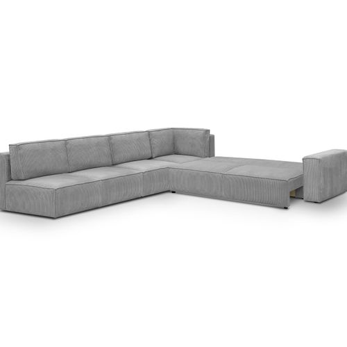 Canapé D'angle à Gauche Convertible 10 Pl Avec Coffre En Velours Côtelé Gris Clair - Harper Mod