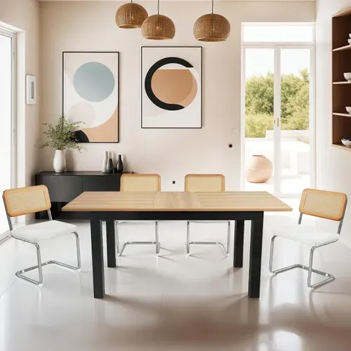 Table à Manger Extensible Effet Bois 6/8 Personnes, Piètement Noir 140/180 Cm - Lexi