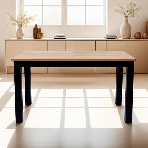 Table à Manger Extensible Effet Bois 6/8 Personnes, Piètement Noir 140/180 Cm - Lexi