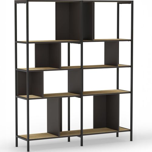 Bibliothèque 4 Niveaux En Métal Noir Et Effet Chêne 144 Cm - Rita