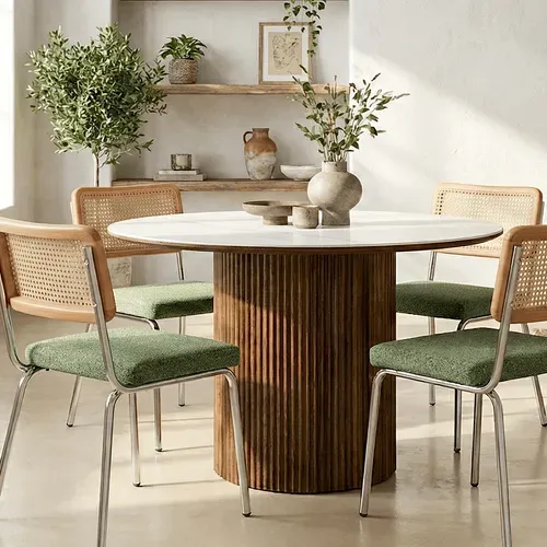 Table à Manger Ronde En Céramique Effet Marbre Et Noyer 6 Places D.120 Cm - Mira
