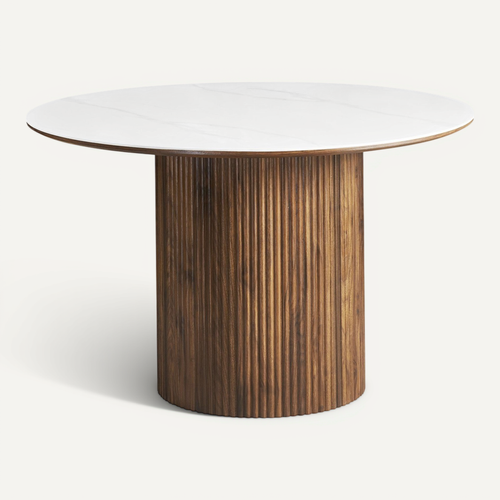 Table à Manger Ronde En Céramique Effet Marbre Et Noyer 6 Places D.120 Cm - Mira