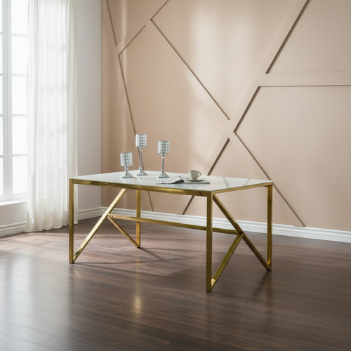 Table à Manger Design Verre Trempé Marbré Blanc et Doré – 150×90 Cm