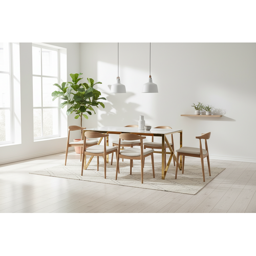 Table à Manger Design Verre Trempé Marbré Blanc et Doré – 150×90 Cm