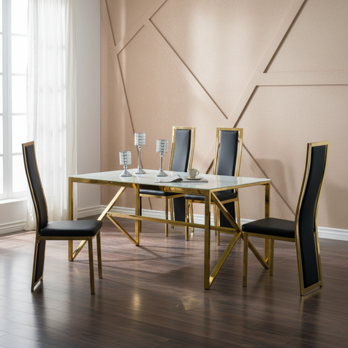 Table à Manger Design Verre Trempé Marbré Blanc et Doré – 150×90 Cm