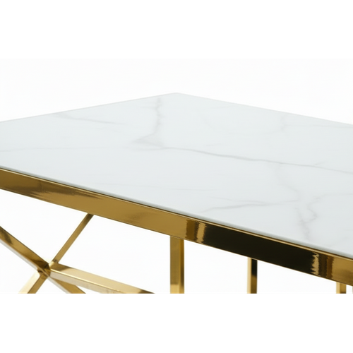Table à Manger Design Verre Trempé Marbré Blanc et Doré – 150×90 Cm