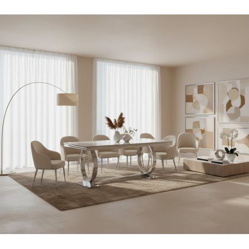 Table à Manger Rectangulaire Verre Marbré Blanc et Chrome – 180×90×75 Cm – Omega