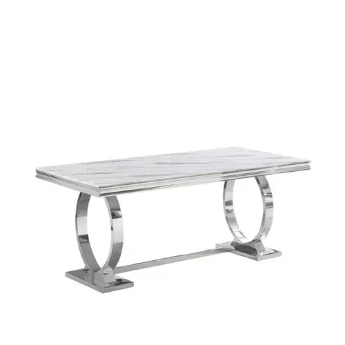 Table à Manger Rectangulaire Verre Marbré Blanc et Chrome – 180×90×75 Cm – Omega