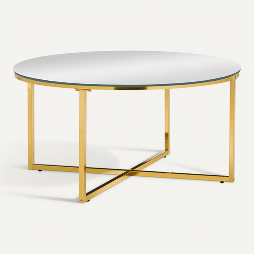 Table Basse Lorie Ronde Plateau Verre Trempé Miroir Structure Métal Gold D90x45cm