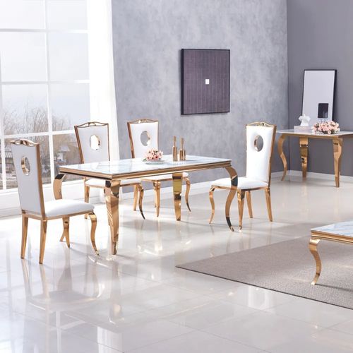 Table à Manger Baroque 6 à 8 Couverts 180x90 Cm Pieds Gold Plateau En Verre Effet Marbré Blanc