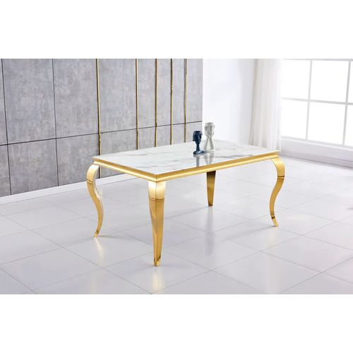 Table à Manger Baroque 6 à 8 Couverts 180x90 Cm Pieds Gold Plateau En Verre Effet Marbré Blanc