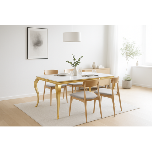 Table à Manger Baroque 6 à 8 Couverts 180x90 Cm Pieds Gold Plateau En Verre Effet Marbré Blanc