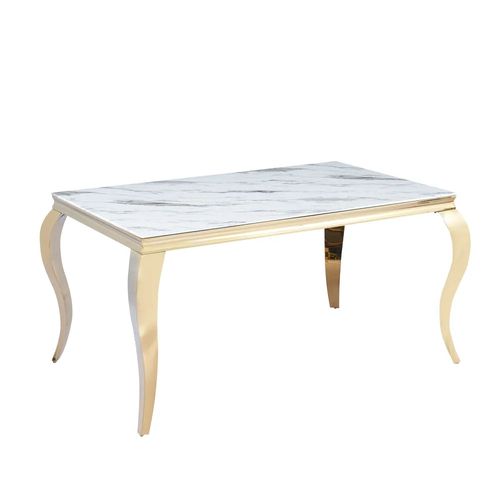 Table à Manger Baroque 6 à 8 Couverts 180x90 Cm Pieds Gold Plateau En Verre Effet Marbré Blanc