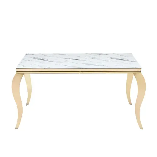 Table à Manger Baroque 6 à 8 Couverts 180x90 Cm Pieds Gold Plateau En Verre Effet Marbré Blanc