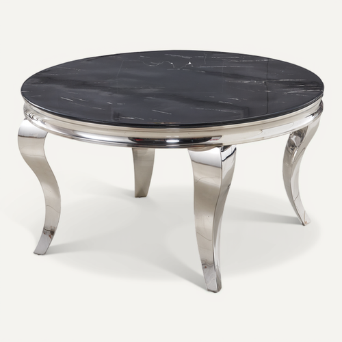 Table Basse Baroque Ronde Plateau Verre Trempé Marbré Noir Structure Chrome D80x45cm