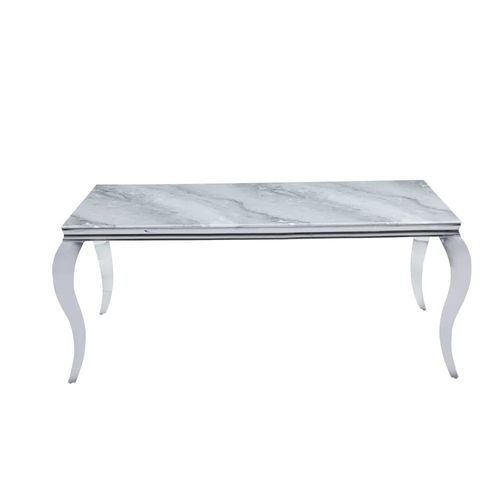 Table à Manger Baroque 6 à 8 Couverts Pieds Chrome Plateau En Verre 180x90 Cm Effet Marbré Greige