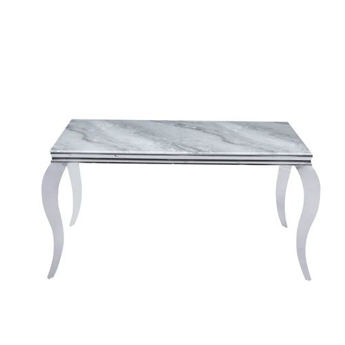 Table à Manger Baroque 6 à 8 Couverts Pieds Chrome Plateau En Verre 180x90 Cm Effet Marbré Greige