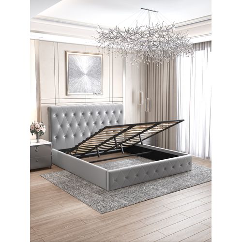 Lit Coffre 2 Places En Velours Gris 160x200cm Corsica