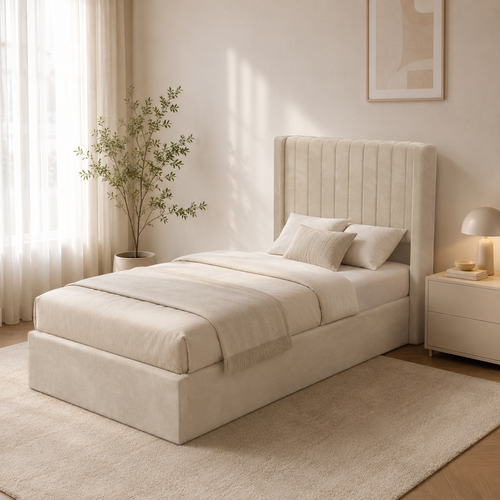 Lit Coffre Velours Sommier Relevable 90x190 Cm Camille - Beige