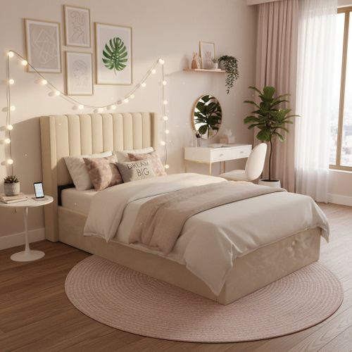 Lit Coffre Velours Sommier Relevable 90x190 Cm Camille - Beige