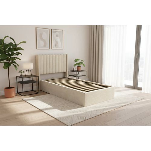 Lit Coffre Velours Sommier Relevable 90x190 Cm Camille - Beige