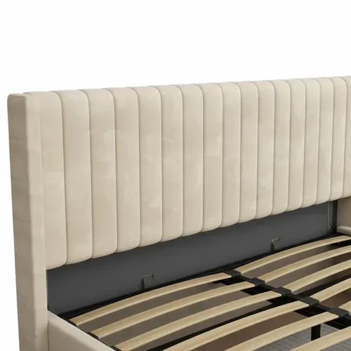 Lit Coffre 160x200 – Velours Beige - Sommier Inclus