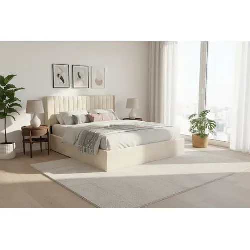 Lit Coffre 160x200 – Velours Beige - Sommier Inclus