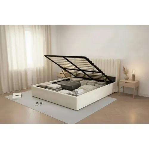 Lit Coffre 160x200 – Velours Beige - Sommier Inclus