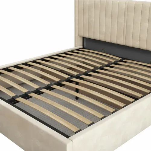 Lit Coffre 160x200 – Velours Beige - Sommier Inclus